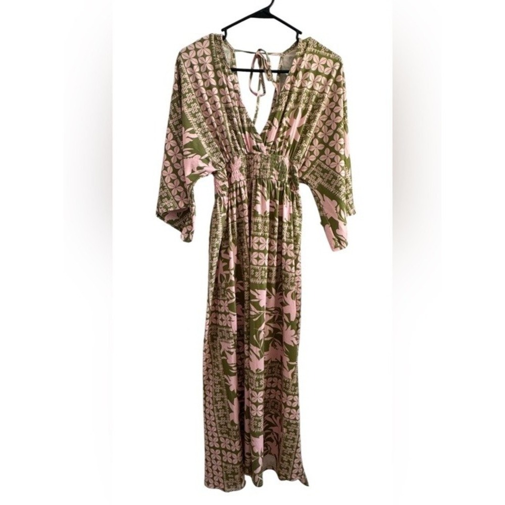Unbranded Green & Pink Floral Boho Tropical Maxi Dress Kimono Sleeve Size Small - Picture 5 of 13